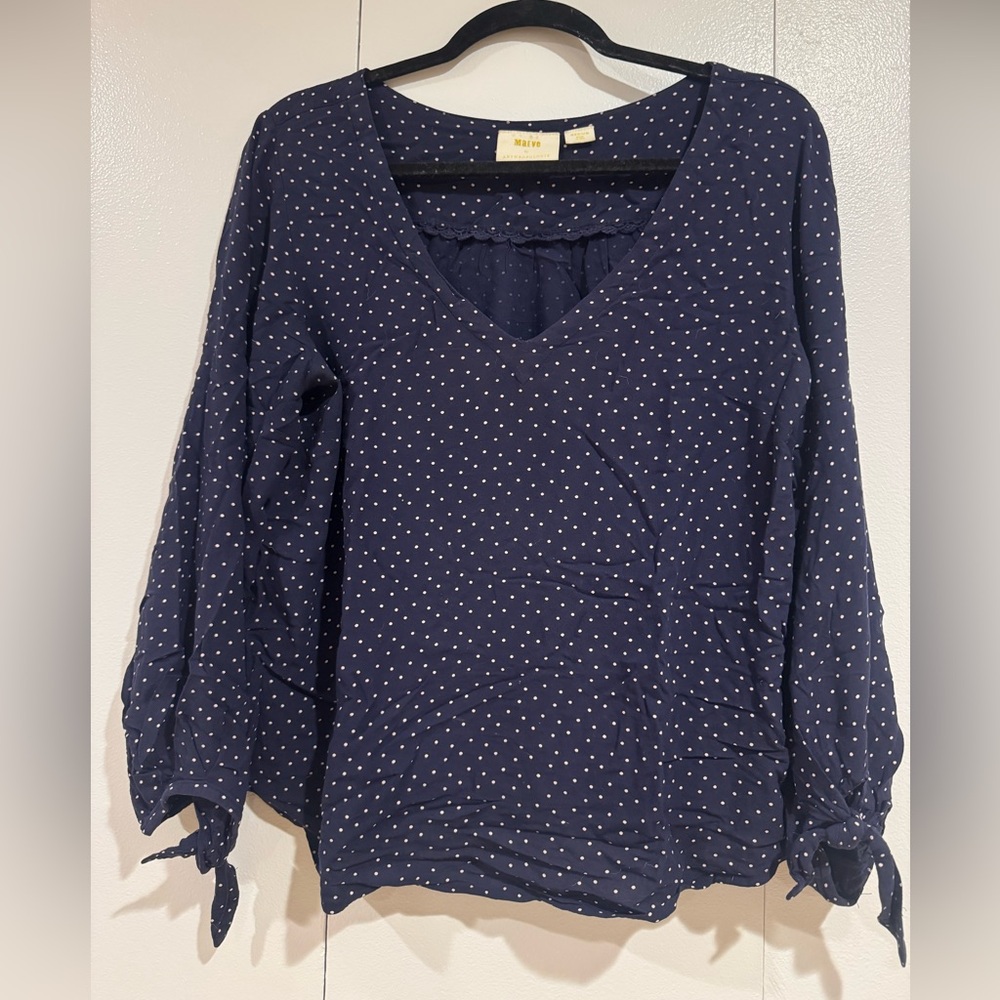 Anthropologie Navy and White Polka Dot V-Neck Blouse